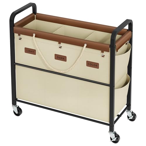 Tajsoon 148L Large Laundry Sorter 3 Section, Laundry Hamper with Heavy Duty Lockable Wheels, Rolling Laundry Cart with Sturdy Metal Frame, Leather Patchwork Laundry Basket with Removable Bag, Beige - color: Beige, size: 3 Bag 148L
