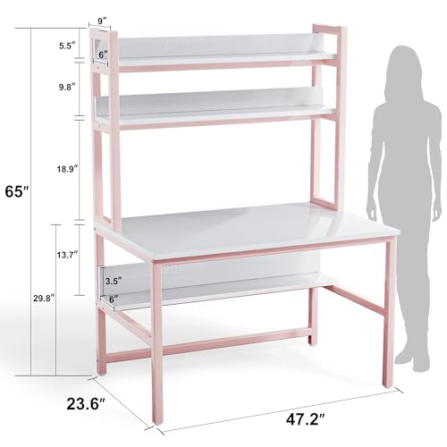 Aquzee Pink Girls Desk Hutch, 47in Woman Computer Desk with Bookshelf & Storage Shelves, Space Saving Girls Writing Study Craft Table for Bedroom Kids Room, White Wood & Pink Iron Home Office Desks - color: Pink, size: 47inch