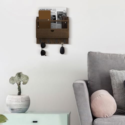 Nekon Mail Organizer with Drawer for Wall, 12"W x 10"H x 3.1"D Mail Sorter Wall Mounted, Wooden Key Holder Wall File Organizer Letter Sorter for Letter Magazines (Brown) - color: Brown