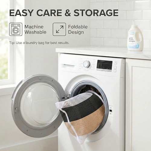 JMvicyroam 65L Extra Large Blanket Basket for Living Room - Woven Cotton Rope Laundry Hamper with Reinforced Handles - Storage Bin for Pillows, Comforters & Toys - Machine Washable,Black&Jute - color: Black&Jute, size: 65L