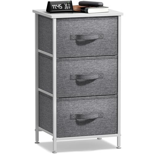 Sorbus Nightstand with 3 Drawers - Bedside Furniture & Night Stand End Table Dresser with Steel Frame, Wood Top, Easy Pull Fabric Bins for Home, Bedroom Accessories, Office & Dorm - color: White, style: 3 Drawer