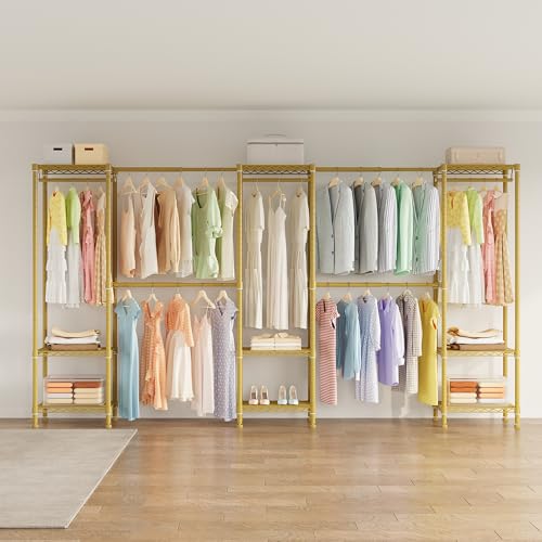 Higeego Large Clothes Rack, Clothing Rack for Hanging Clothes, Heavy Duty Garment Rack, Freestanding Wardrobe Closet with Extendable Hanger Rods, Width from 7.8 to 10.8 ft, H11 Gold - color: Gold, style: 5 Row