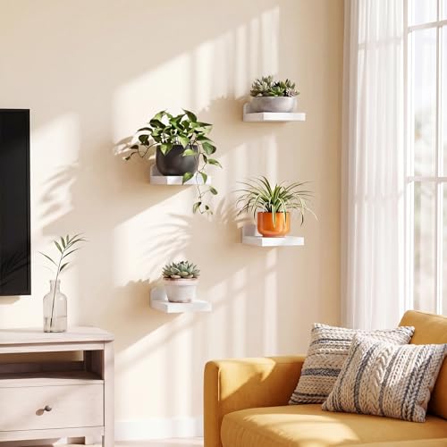 Fixwal Small Shelf for Wall, Rustic Wood Floating Wall Mounted Shelves for Bedroom, Living Room, Kitchen, Bathroom Decor, Set of 4, 5 x 5 Inches (White) - color: White