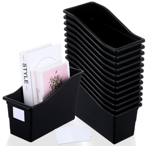 12 Pack Large Book Bins, Durable Magazine Organizer File Holder High-Quality Plastic Book Storage Bins with Labels for Classroom Library, Office, Desktop Organization, Bookshelf Categorization (Black) - color: Black