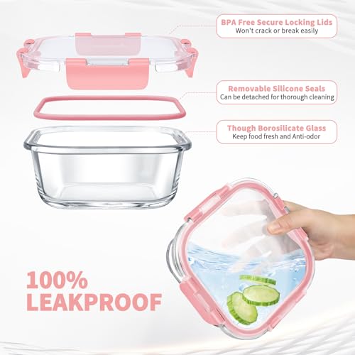 34pcs Glass Food Storage Containers with Lids Set, Airtight Glass Meal Prep Containers (17 Containers & 17 Lids), Leak Proof Lunch Container BPA-Free, Microwave, Oven, Freezer, Dishwasher Safe-PINK - color: PINK