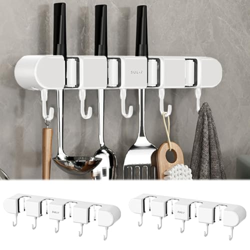 2Pcs Broom Holder Wall Mount, No-Drilling Self-Adhesive Mop and Broom Storage Rack with Hooks (4 Racks with 5 Hooks), Wall-Mounted Broom Hanger for Bathroom, Kitchen, Closet, Garage (White ﻿) - color: White ﻿