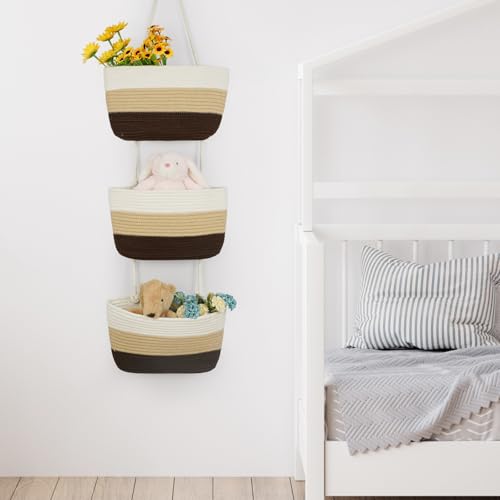 TeoKJ Over the Door Hanging Basket, 3-Tier Woven Cotton Wall-Mounted Storage Organizer Bag Decorative Hanging Nursery Baskets，Gradient Brown - color: Gradient Brown