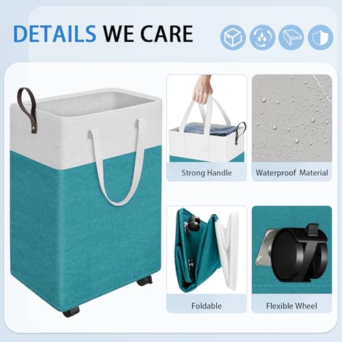 HomeHacks 90L Large Rolling Laundry Basket, Laundry Hamper with 4 Smooth Wheels, Collapsible Waterproof Clothes Basket, Freestanding Hamper with Handles for Bedroom/Dorm/Laundry Room (Green) - color: Green, size: 90L