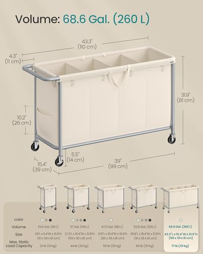 SONGMICS Laundry Basket with Wheels, 4-Section Rolling Laundry Hamper, 68.6 Gallons (260 L), Removable Liner, Steel Frame with Handle, 43.3 x 15.4 x 31.9 Inches, Cream White URLS014W01 - color: Cream White, size: 260 L (4-Section), style: Rectangular with