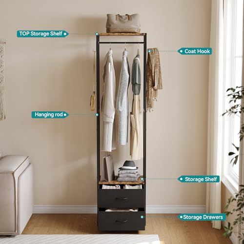 Closet Organizer with Drawers, Narrow Wardrobe Storage Rack, Small Clothes Rack with Shelf for Wardrobe and Bedroom, Closet Storage