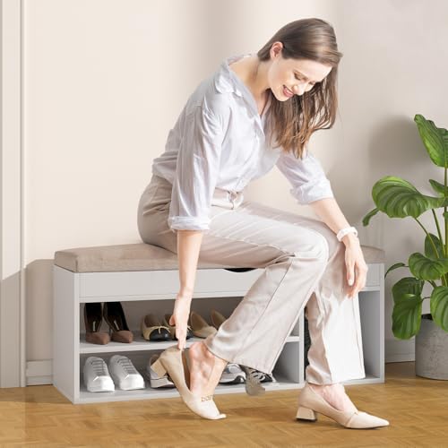 Apicizon 39 Inches Storage Bench with Padded Cushion, Shoe Bench with Storage Space, Upholstered Entryway Bench for Living Room, 2-Tier Shoe Rack Organizer, White - color: A-white, size: 39 Inch