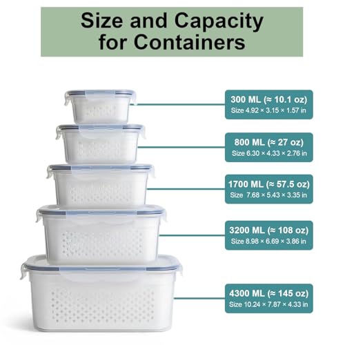 5 Pack Large Fruit Storage Containers for Fridge with Removable Colander-Plastic Food Storage Containers with Lids Airtight-Leak Proof Refrigerator Organizers and Storage of Vegetable -Produce Storage - color: 5Pack-Fruit-Containers
