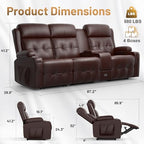 Loveseat Recliner Sofa, 3-Seater Home Theater Seating Massage Reclining Couch with 7 Led Lights, USB, Console, Wall Hugger RV Recliners, 145° Recline & Cup Holders & Side Pockets, for RV & Movie Room - color: Brown, size: 3-Seater 87''
