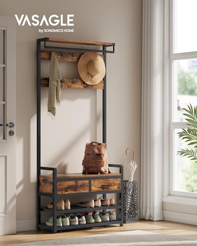 VASAGLE Hall Tree with Bench and Shoe Storage, Entryway Coat Rack with Shoe Bench, 2 Fabric Drawers, 10 Hooks, 11.8 x 31.7 x 71.5 Inches, Vintage Brown and Ink Black UHSR429B01 - color: Vintage Brown + Ink Black