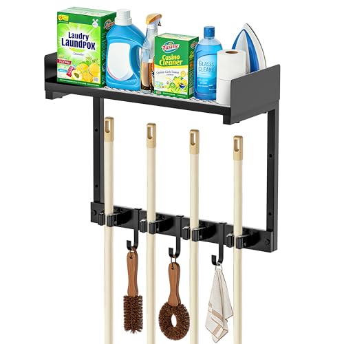 HUFAND Broom Holder Wall Mount, 15" Large Mop and Broom Organizer Wall Hanging with Top Storage Shelf, Heavy Duty Iron Utility Rack for Laundry Room, Garage, Kitchen, Garden - Black - size: small