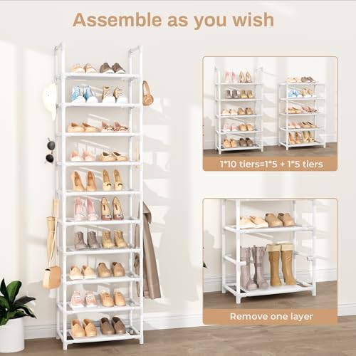 VTRIN 10 Tiers Tall Shoe Rack Holds 20-25 Pairs of Shoes Sturdy Vertical Shoe Organizer with 18pcs Hooks Stackable Narrow Shoe Rack for Closet, Entryway White - color: White, size: 17" Wide - 10 Tier
