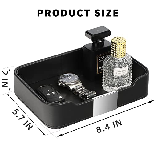 SANZIE Luxury Leather Tray Desktop Storage Catchall Organizer Decorative Tray for Entryway Table to Hold Jewelry Watch Keys Phone Wallet (Metal Silvered, Black) - color: Black (Silver)