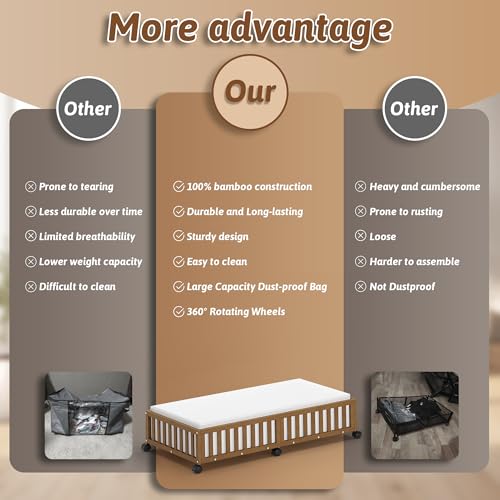 Bamboo Under Bed Storage Containers with Wheels, 2 Pack Large Under the Bed Shoe Storage Bins, Wood Rolling Underbed Drawers Organizer for Bedroom Closet Clothes Blanket Under Crib Toy Walunt - color: Brown, size: 2 PCS (33.07"×16.54")
