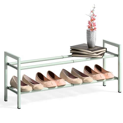 Bumusty 2-Tier Expandable Shoe Rack for Closet, 18“-33” Adjustable Shoe Rack for Small Space, Small Shoe Organizer for Front Door, Sturdy Metal, Green - color: Green, size: 2-Tier