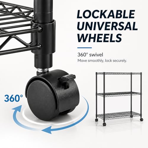 Simple Deluxe 3-Tier Heavy Duty Adjustable Storage Shelf with Wheels, 23.23”W x 13.39”D x 30.31”H, Mobile or Stationary Metal Shelving Unit, Easy Assembly for Kitchen, Pantry, Laundry Room, Black - color: Black, size: 3-Tier, 23.23”W x 13.39”D x 30.31”H