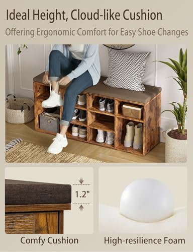 DINZI LVJ Shoe Storage Bench with Cushion, Cubby Shoe Rack with 12 Cubbies, Adjustable Shelves, Multifunctional Shoe Organizer Bench for Entryway, Mudroom, Hallway, Closet and Garage, Rustic Brown - color: Rustic Brown, size: 12 Cubby