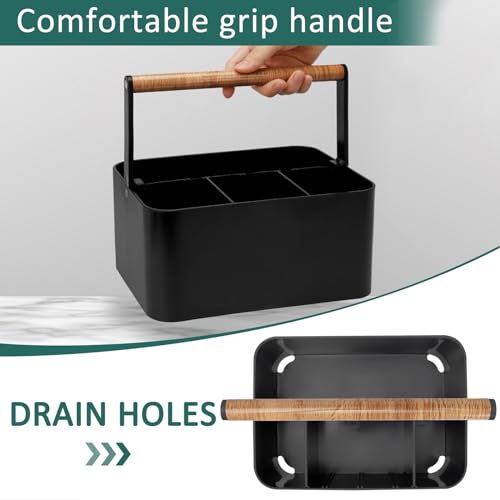 BYUNER Portable Shower Caddy Dorm: Bathroom Caddy Organizer with Handle and Adjustable Dividers,Plastic Shower Basket for Toiletry,Makeup,Vanity,Shower Storage Tote for College, Cleaning Caddy, Black - color: Black / Wood Handle