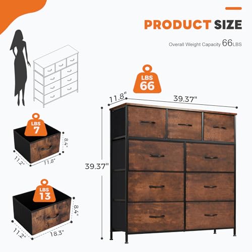 Sweetcrispy 9-Drawer Fabric Dresser Storage Tower with Wood Top and Steel Frame, Organizer Chest with Easy Pull Handles for Bedroom, Closet, Hallway,Distressed Brown - color: Brown, size: 11.8"D x 39.6"W x 39.8"H (9 Drawers)