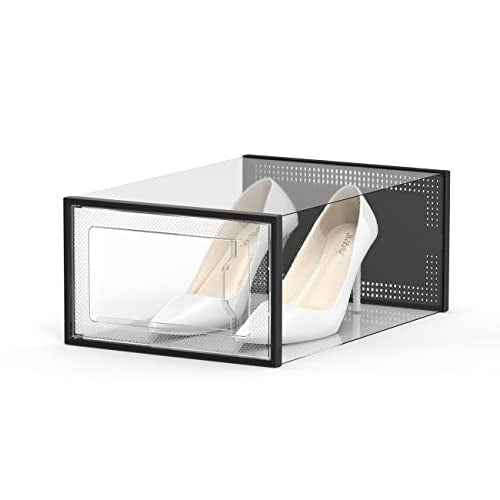 SEE SPRING 12 Pack Shoe Storage Box, Clear Plastic Stackable Shoe Organizer for Closet, Space Saving Shoe Rack for Entryway Sneaker Container Bin Holder (Black) - color: Black, size: Large Fit Size 9