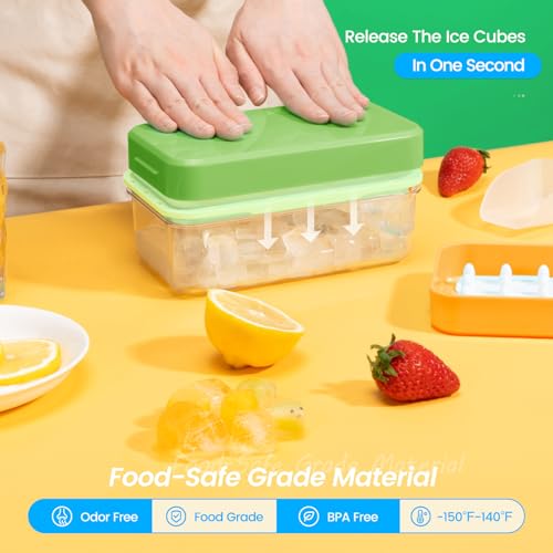 PHINOX Ice Cube Tray With Lid and Bin, Ice Trays for Freezer, Flexible Ice Cube Trays, Making 56 pcs Ice Cubes, Chilling Cocktail, Whiskey, Coffee, with 2 trays, Ice Container, Scoop&Cover, BPA Free - color: Green, size: 0.8"-2tier