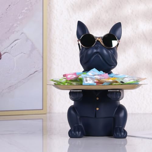 QIANLING Modern Decor Resin Navy Blue Bulldog Statue Tray - Storage Key Holder, Candy, Jewelry, Earrings - Suitable for Home, Dining Table, Office - Modern Art Small Object Tray - color: Navy Blue