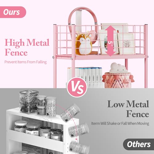 KINGRACK Slim Rolling Storage Cart 3 Tier - Heavy Duty Metal Utility Cart with Raised Edge & Wheels, Narrow Small Mobile Organizer Shelves for Bathroom, Kitchen, Laundry, Office, Living Room, Pink - color: Pink, size: 3-Tier