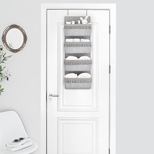 Dahey Over The Door Organizer Boho Nursery Storage Decor Closet Hanging Organizer with Tassels Decoration for Bedroom Nursery Bathroom Apartments Dorm Pantry, 4 Pockets, Grey - color: Grey, size: Medium