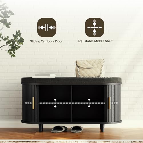 DHH 2-Tier Storage Bench,Wide Shoe Bench with Thickened Padded Seat Cushion, Mid Century Modern Fluted Sliding Door and Adjustable Shelf, for Entryway, Living Room, Bedroom (Black, 35.4“) - color: Black, size: 35.4 inch