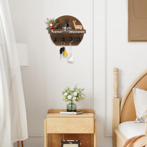 Key Holder for Wall, Key and Mail Holder Organizer - Key Holder Wall Mount with Bouquet Shelf and Key Hooks, Round Wooden Rustic Key Rack for Entryway and Home Decor (Brown) - color: Brown