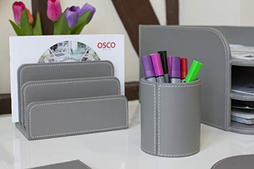 OSCO Faux Leather Mail Sorter & Envelope Organiser – Desk File Storage Stand with Display Slots – Modern Letter Holder Tray Minimalist Home & Office – Grey - color: Gray
