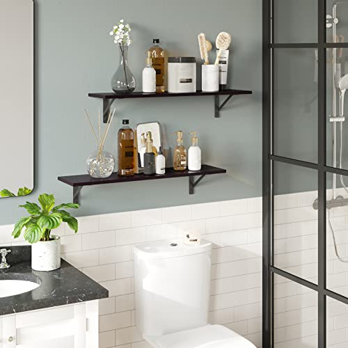 DINZI LVJ Long Wall Shelves, 31.5 Inch Wall Mounted Shelves Set of 2, Easy-to-Install, Wall Storage Ledges with Sturdy Metal Brackets for Living Room, Bathroom, Bedroom, Kitchen, Espresso - color: Espresso, size: 31.5 Inch