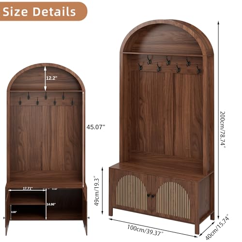 Hall Tree with Bench and Shoe Storage, Entryway Storage Bench with Coat Rack, 78.74" Coat Rack with 7 Hooks and Adjustable Shelves, Farmhouse Style Furniture Organizer for Hallway (Walnut, 78.74"H) - size: 78.74"H