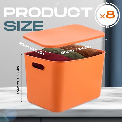 Hoolerry 8 Pieces Colorful Storage Bins with Lid, Plastic Storage Basket Organizing Container Stackable Box with Handle for Shelves Desktop Playroom Office(14.2 x 10.2 x 9.5 Inch,Blue and Orange) - color: Blue and Orange, size: 14.2 x 10.2 x 9.5 Inch