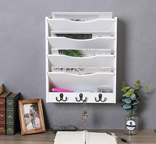 PAG 5-Tier Wall File Holder Hanging Mail Organizer Wood Magazine Literature Rack with 6 Hooks, White - color: White