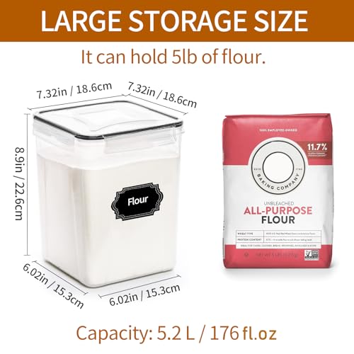 HKJ Chef 4 Pack Large Airtight Food Storage Containers with Lids (5.2L / 176oz), BPA Free Plastic Kitchen and Pantry Organization Contianers for Cereal Flour and Sugar Storage, Labels & Marker