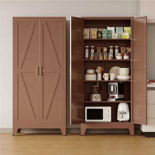 COFaR Metal Pantry Cabinet with Doors, Farmhouse 71'' Tall Storage Cabinet with 4 Adjustable Shelves, Kitchen Pantry Cabinet for Dinning Room, Garage, Laundry, Bathroom, Brown 5-Tier - color: Brown, size: 71 Tall 2 Doors-Farmhouse