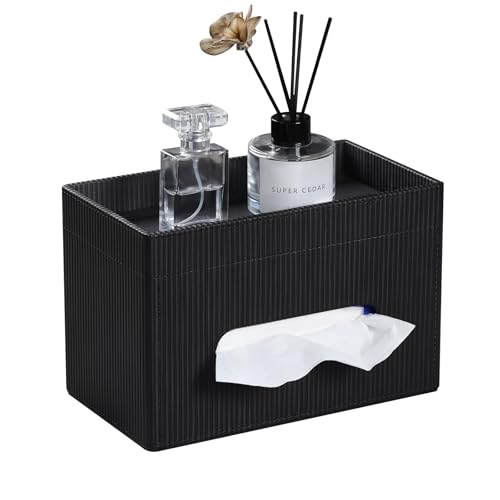 Tissue Box Cover Rectangle with Storage Tray, PU Leather Tissue Holder for Bathroom Vanity Countertop Night Stands Bedroom Office Desk, Stylish Rectangular Tissue Box Holder (Black) - color: Black