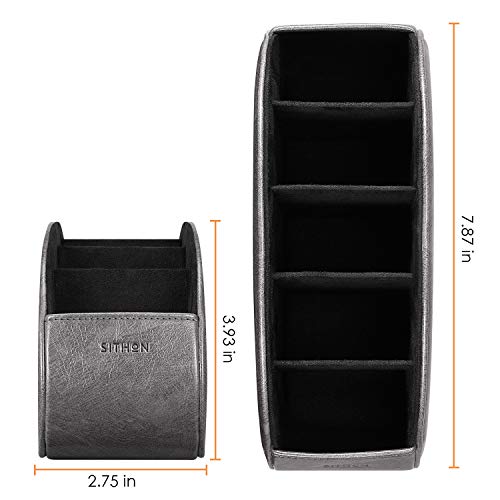 SITHON Remote Control Holder with 5 Compartments - PU Leather Remote Caddy Desktop Organizer Store TV, DVD, Blu-Ray, Media Player, Heater Controllers, Dark Gray - color: Dark Gray, size: Small