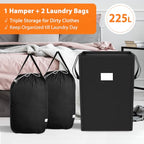 MCleanPin 225L Laundry Hamper Collapsible Laundry Basket with Laundry Bags, Dirty Clothes Hamper,Laundry Basket with Handles Foldable Hamper Dorm and College Machine Washable Bags (Classic Black) - color: Black
