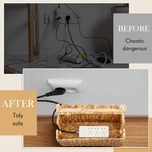 Patelai 2 Pack Scalloped Cable Management Box, Handwoven Water Hyacinth Cord Cable Organizer Box with Lid, 2 Open Slots Cord Basket for Power Strips & TV Wires, Desk, Floor, Office(Natural Color)