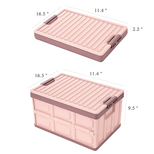 Pink Collapsible Storage Bins with Lids 2-Pack, Folding Plastic Stackable Utility Crates 30L, Durable Containers for Home & Garage Organization - color: Pink