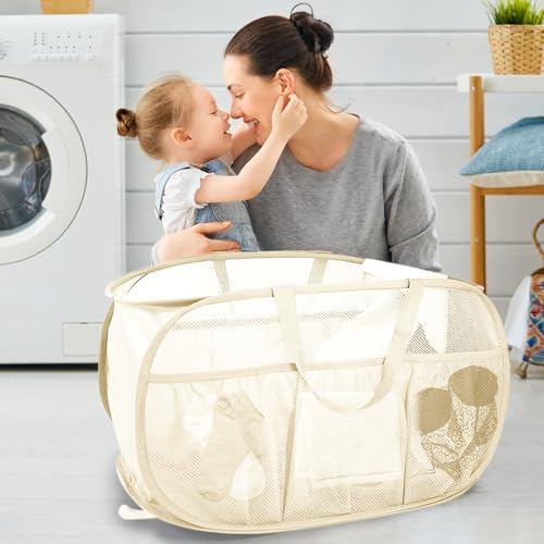 Collapsible Laundry Baskets, Upgrade Pop Up Laundry Hamper with Convenient Bags, Foldable Laundry Basket Mesh Light Weight, Easy to Carry Clothes Hampers for Laundry, Dorm, Toys, Travel Beige - color: Beige