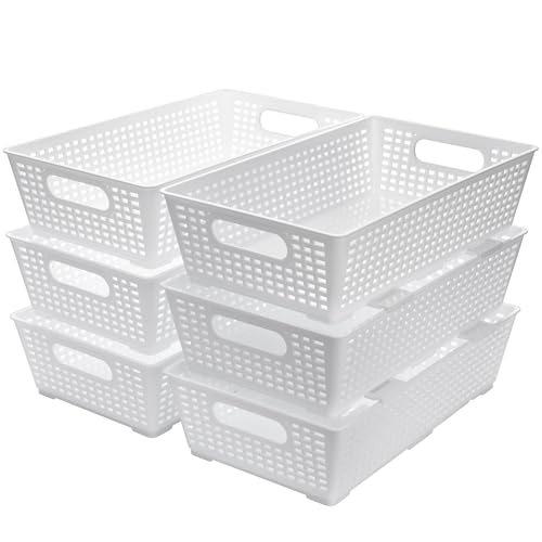 Tiawudi Stackable Woven Plastic Basket, Storage Bins for Cabinet, Closet, Shelf, Under Sink and Countertop, Pantry Organizer Bins, 6 Pack - color: White
