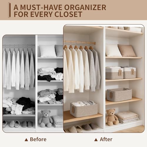 Goodpick 4 Pack Storage Baskets for Shelves, Rectangle Woven Baskets for Organizing, Cotton Rope Storage Bins for Baby Toys, Decorative Basket for Gifts, 13''L x 8''W x 6''H, Brown & White - color: Light Brown & White