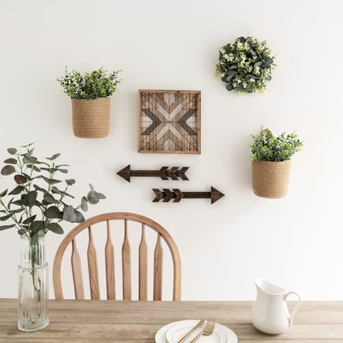 Dahey 2 Pack Wall Hanging Rope Basket (6.5"W×7"H) with Artificial Eucalyptus, Jute Woven Storage Organizer Flower Plants Basket Farmhouse Rustic Wall Decor for Porch Living Room Bedroom Entryway,Brown - size: 6.5"W×7"H